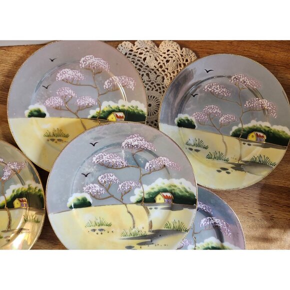 5- Pastel Lustreware Handpainted in Japan 7" Vintage Lunch Plates - Picture 1 of 13